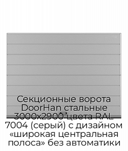 Секционные ворота DoorHan стальные 3000х2900 цвета RAL 7004 (серый) с дизайном «широкая центральная полоса» без автоматики preview 1