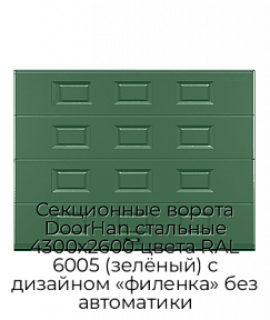 Секционные ворота DoorHan стальные 4300х2600 цвета RAL 6005 (зелёный) с дизайном «филенка» без автоматики