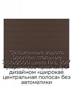 Секционные ворота DoorHan стальные 3100х2000 цвета RAL 8017 (коричнево-красный) с дизайном «широкая центральная полоса» без автоматики preview 1