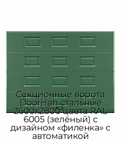 Секционные ворота DoorHan стальные 2600х2800 цвета RAL 6005 (зелёный) с дизайном «филенка» с автоматикой
