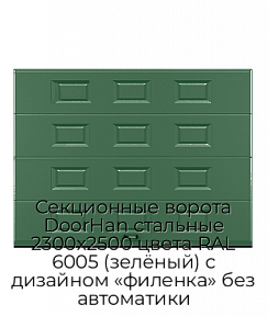 Секционные ворота DoorHan стальные 2300х2500 цвета RAL 6005 (зелёный) с дизайном «филенка» без автоматики
