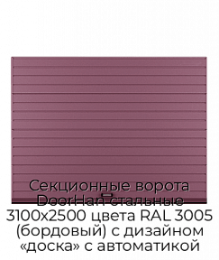 Секционные ворота DoorHan стальные 3100х2500 цвета RAL 3005 (бордовый) с дизайном «доска» с автоматикой