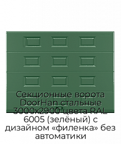 Секционные ворота DoorHan стальные 3000х2900 цвета RAL 6005 (зелёный) с дизайном «филенка» без автоматики