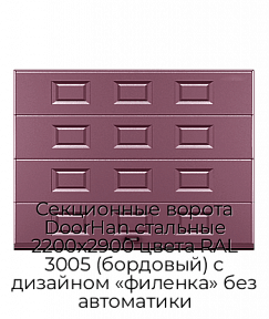 Секционные ворота DoorHan стальные 2200х2900 цвета RAL 3005 (бордовый) с дизайном «филенка» без автоматики