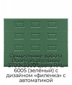 Секционные ворота DoorHan стальные 3700х3000 цвета RAL 6005 (зелёный) с дизайном «филенка» с автоматикой