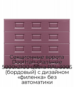 Секционные ворота DoorHan стальные 5000х2100 цвета RAL 3005 (бордовый) с дизайном «филенка» без автоматики preview 1