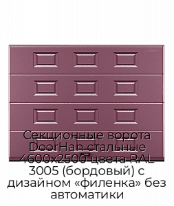 Секционные ворота DoorHan стальные 4600х2500 цвета RAL 3005 (бордовый) с дизайном «филенка» без автоматики preview 1