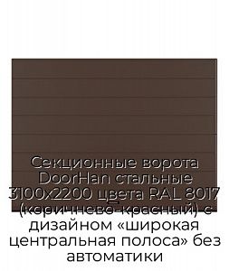 Секционные ворота DoorHan стальные 3100х2200 цвета RAL 8017 (коричнево-красный) с дизайном «широкая центральная полоса» без автоматики preview 1