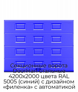 Секционные ворота DoorHan стальные 4200х2000 цвета RAL 5005 (синий) с дизайном «филенка» с автоматикой preview 1