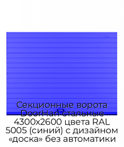 Секционные ворота DoorHan стальные 4300х2600 цвета RAL 5005 (синий) с дизайном «доска» без автоматики