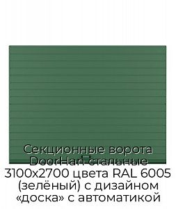 Секционные ворота DoorHan стальные 3100х2700 цвета RAL 6005 (зелёный) с дизайном «доска» с автоматикой preview 1