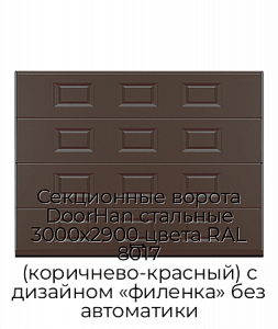 Секционные ворота DoorHan стальные 3000х2900 цвета RAL 8017 (коричнево-красный) с дизайном «филенка» без автоматики preview 1