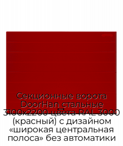 Секционные ворота DoorHan стальные 3100х2200 цвета RAL 3000 (красный) с дизайном «широкая центральная полоса» без автоматики preview 1
