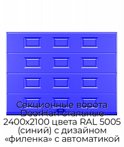 Секционные ворота DoorHan стальные 2400х2100 цвета RAL 5005 (синий) с дизайном «филенка» с автоматикой preview 1