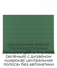 Секционные ворота DoorHan стальные 3100х2100 цвета RAL 6005 (зелёный) с дизайном «широкая центральная полоса» без автоматики