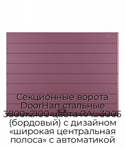 Секционные ворота DoorHan стальные 3800х2100 цвета RAL 3005 (бордовый) с дизайном «широкая центральная полоса» с автоматикой preview 1