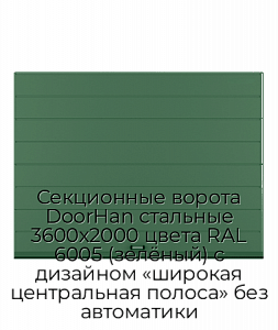 Секционные ворота DoorHan стальные 3600х2000 цвета RAL 6005 (зелёный) с дизайном «широкая центральная полоса» без автоматики preview 1