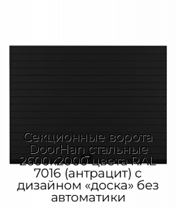 Секционные ворота DoorHan стальные 2600х2000 цвета RAL 7016 (антрацит) с дизайном «доска» без автоматики preview 1