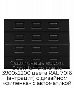Секционные ворота DoorHan стальные 3900х2200 цвета RAL 7016 (антрацит) с дизайном «филенка» с автоматикой preview 1