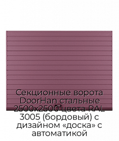 Секционные ворота DoorHan стальные 2500х2500 цвета RAL 3005 (бордовый) с дизайном «доска» с автоматикой