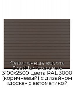Секционные ворота DoorHan стальные 3100х2500 цвета RAL 3000 (коричневый) с дизайном «доска» с автоматикой preview 1