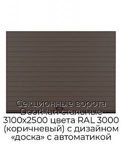 Секционные ворота DoorHan стальные 3100х2500 цвета RAL 3000 (коричневый) с дизайном «доска» с автоматикой
