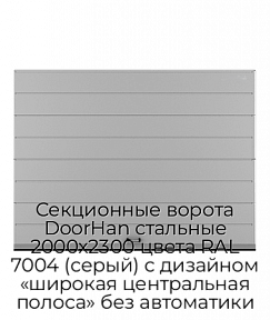 Секционные ворота DoorHan стальные 2000х2300 цвета RAL 7004 (серый) с дизайном «широкая центральная полоса» без автоматики