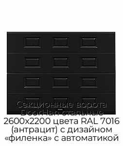 Секционные ворота DoorHan стальные 2600х2200 цвета RAL 7016 (антрацит) с дизайном «филенка» с автоматикой preview 1