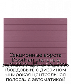 Секционные ворота DoorHan стальные 3100х2900 цвета RAL 3005 (бордовый) с дизайном «широкая центральная полоса» с автоматикой
