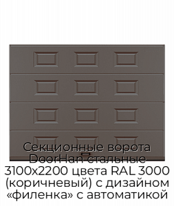 Секционные ворота DoorHan стальные 3100х2200 цвета RAL 3000 (коричневый) с дизайном «филенка» с автоматикой preview 1