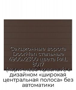 Секционные ворота DoorHan стальные 4900х2300 цвета RAL 8017 (коричнево-красный) с дизайном «широкая центральная полоса» без автоматики preview 1