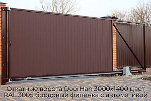 Откатные ворота DoorHan 3000х1400 цвет RAL 3005 бордовый филенка с автоматикой preview 1