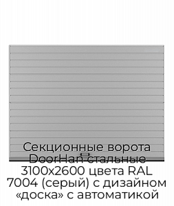 Секционные ворота DoorHan стальные 3100х2600 цвета RAL 7004 (серый) с дизайном «доска» с автоматикой preview 1