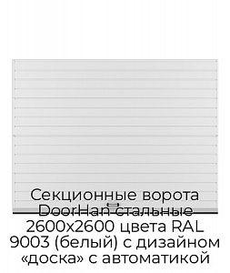 Секционные ворота DoorHan стальные 2600х2600 цвета RAL 9003 (белый) с дизайном «доска» с автоматикой preview 1