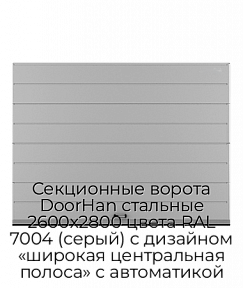 Секционные ворота DoorHan стальные 2600х2800 цвета RAL 7004 (серый) с дизайном «широкая центральная полоса» с автоматикой