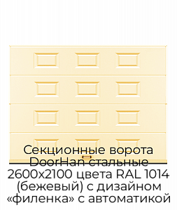 Секционные ворота DoorHan стальные 2600х2100 цвета RAL 1014 (бежевый) с дизайном «филенка» с автоматикой preview 1
