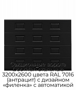 Секционные ворота DoorHan стальные 3200х2600 цвета RAL 7016 (антрацит) с дизайном «филенка» с автоматикой preview 1