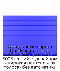 Секционные ворота DoorHan стальные 2700х2500 цвета RAL 5005 (синий) с дизайном «широкая центральная полоса» без автоматики