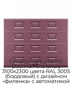 Секционные ворота DoorHan стальные 3100х2300 цвета RAL 3005 (бордовый) с дизайном «филенка» с автоматикой