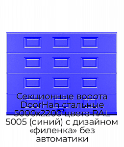 Секционные ворота DoorHan стальные 5000х2200 цвета RAL 5005 (синий) с дизайном «филенка» без автоматики preview 1