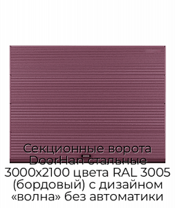 Секционные ворота DoorHan стальные 3000х2100 цвета RAL 3005 (бордовый) с дизайном «волна» без автоматики preview 1
