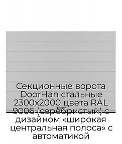 Секционные ворота DoorHan стальные 2300х2000 цвета RAL 9006 (серебристый) с дизайном «широкая центральная полоса» с автоматикой