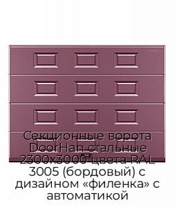 Секционные ворота DoorHan стальные 2300х3000 цвета RAL 3005 (бордовый) с дизайном «филенка» с автоматикой preview 1
