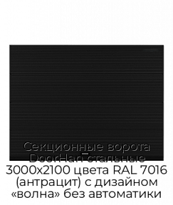 Секционные ворота DoorHan стальные 3000х2100 цвета RAL 7016 (антрацит) с дизайном «волна» без автоматики