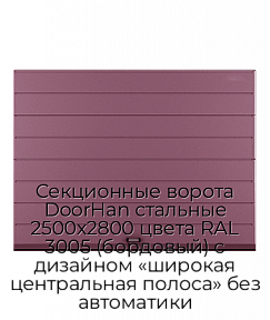 Секционные ворота DoorHan стальные 2500х2800 цвета RAL 3005 (бордовый) с дизайном «широкая центральная полоса» без автоматики