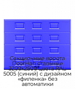 Секционные ворота DoorHan стальные 3200х2500 цвета RAL 5005 (синий) с дизайном «филенка» без автоматики
