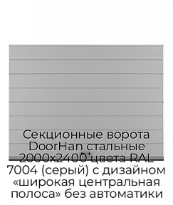 Секционные ворота DoorHan стальные 2000х2400 цвета RAL 7004 (серый) с дизайном «широкая центральная полоса» без автоматики