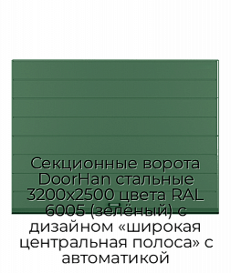 Секционные ворота DoorHan стальные 3200х2500 цвета RAL 6005 (зелёный) с дизайном «широкая центральная полоса» с автоматикой preview 1