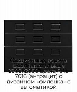 Секционные ворота DoorHan стальные 3900х2000 цвета RAL 7016 (антрацит) с дизайном «филенка» с автоматикой preview 1