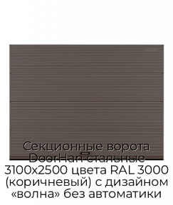 Секционные ворота DoorHan стальные 3100х2500 цвета RAL 3000 (коричневый) с дизайном «волна» без автоматики